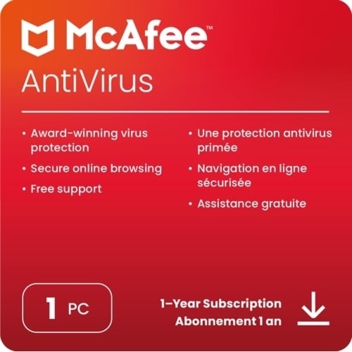McAfee AntiVirus logiciel antivirus de sécurité Internet pour 1 PC Windows, abonnement d'un an, téléchargement 1