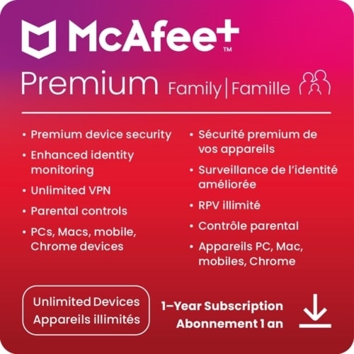 McAfee + Premium Family logiciel antivirus et de sécurité Internet pour nombre illimité d’appareils, abonnement d'un an, téléchargement 1